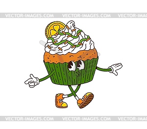 Cartoon groovy cupcake holiday dessert character - vector image