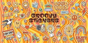 Cartoon retro groovy hippie retro stickers pack - vector clipart