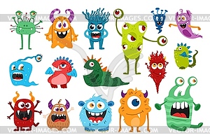 Cartoon cute monster characters, aliens and toys - vector image