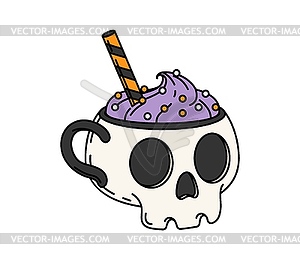 Cartoon groovy Halloween skull mug cocktail drink - color vector clipart