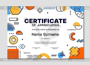 Diploma certificate template, Memphis frame - color vector clipart