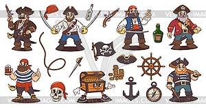 Cartoon groovy pirate captain, corsairs, sailors - vector clipart / vector image