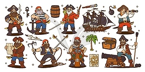 Groovy pirate corsair characters, ship, treasure - color vector clipart