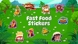Cartoon fast food superhero characters stickers - vector clipart