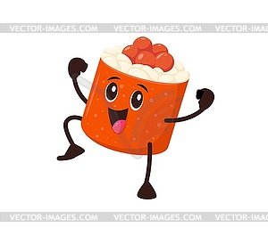 Cartoon sushi roll fast food funny happy character - vector image