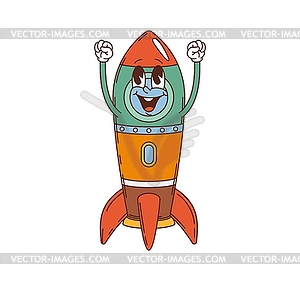 Retro cartoon groovy rocket kids toy character - vector image