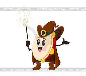 Cartoon tambourine wizard, musical instrument mage - vector image