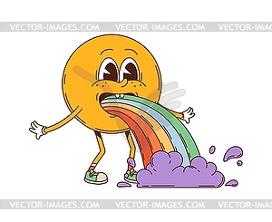 Cartoon groovy yellow smile with rainbow barf - vector image