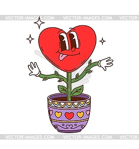 Cartoon groovy valentine heart flower character - vector image