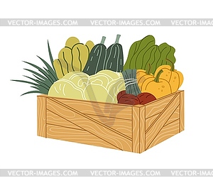 Wooden crate filled with assorted vegetables crop - vector clipart