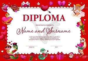 Valentines day diploma certificate with cherubs - vector clip art
