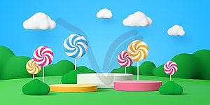 Kids podium stage with lollypops on meadow - color vector clipart