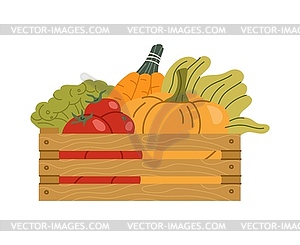 Wooden crate filled with fresh vegetable harvest - vector clipart