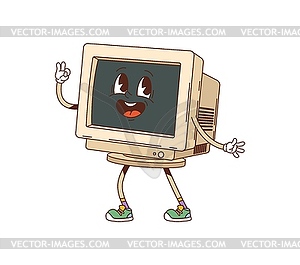 Cartoon retro groovy computer display character - vector image