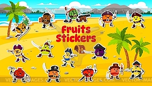 Cartoon fruit pirate corsair characters stickers - vector image
