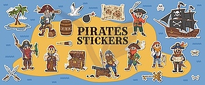 Stickers pack of groovy pirate, corsair characters - vector clipart