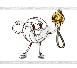 Cartoon retro volleyball ball celebrating victory - vector clipart