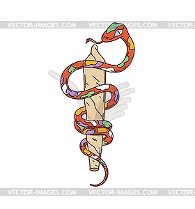 Cartoon groovy retro snake coiled around staff - vector clipart / vector image
