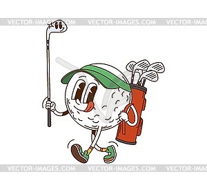 Groovy golf ball sport character carrying clubs - vector image