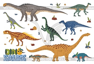 Cartoon prehistoric dinosaurs with jurassic plants - vector image