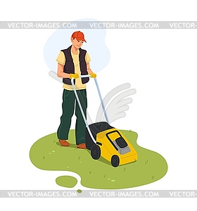 Farmer gardener male character pushing lawn mower - vector image
