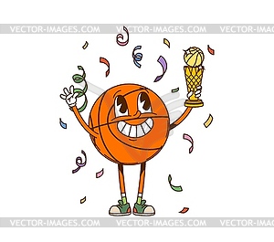 Cartoon groovy basketball ball celebrating victory - vector clip art