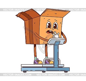 Cartoon groovy delivery box character weighing - vector clip art