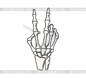 Cartoon groovy Halloween skeleton hand V symbol - vector clipart