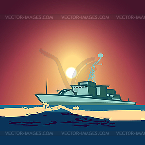 Warship in middle of ocean against backdrop of - vector EPS clipart