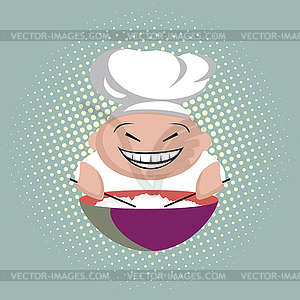 Funny asian cook with chopsticks cooks rice in - vector clipart