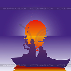 Background fisherman on boat fishes at sunset - vector image