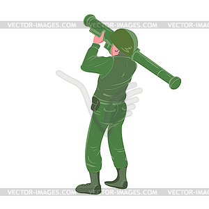 Military soldier holding and aiming rocket - vector clipart