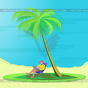 Bearded man is lying on deck chair on beach with - vector clip art