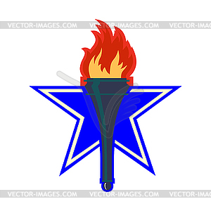 Burning torch icon, logo on background of large blu - royalty-free vector image