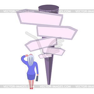 Confused, Business woman in front of choice, white - vector image