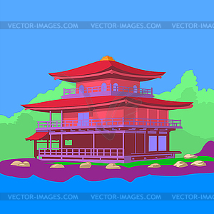 Japanese house on lake around with green forest - vector clip art