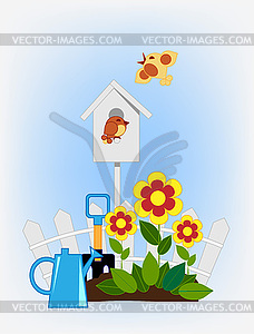 Flower beds and bird house - royalty-free vector clipart