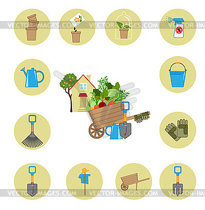 Icons working in garden - vector image