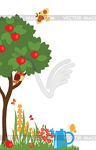 Trees and flowers in garden - color vector clipart