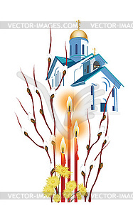 Easter with branches of willow and Orthodox church - vector image