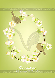 Frame with birds on flowering branches - vector clipart