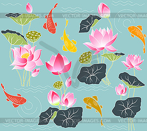 Blooming lotus and koi carp - vector clipart