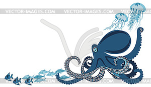 Octopus among fish - vector clipart