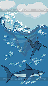 Sharks and fish, underwater - vector image