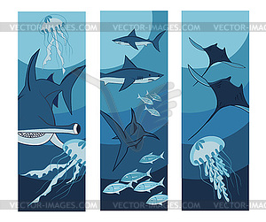 Underwater inhabitants, banners - vector image