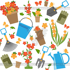 Blooming flowers and garden tools - vector clipart