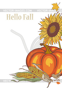 Harvest corn, sunflower and pumpkin - vector image