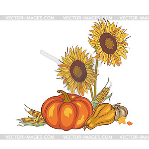 Harvest corn, sunflower and pumpkin - vector image