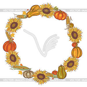 Осенний венок из кукурузы, подсолнечника и тыквы, - векторный клипарт Royalty-Free