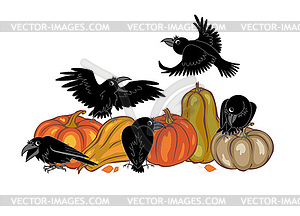 Crows and pumpkins - vector clip art